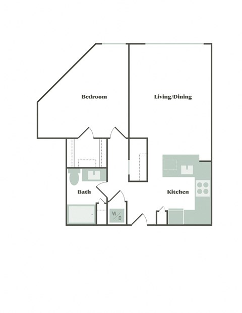 Floor plan for 1 bed, 1 bath, 877 sqft